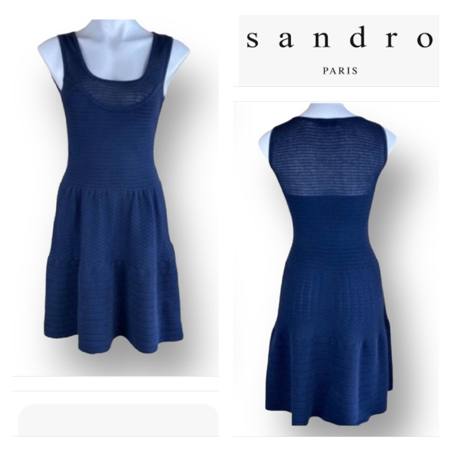 Sandro Ribbed Knit Sleeveless Fit And Flare Navy Blue Dress Size 1 (Us 2-4)